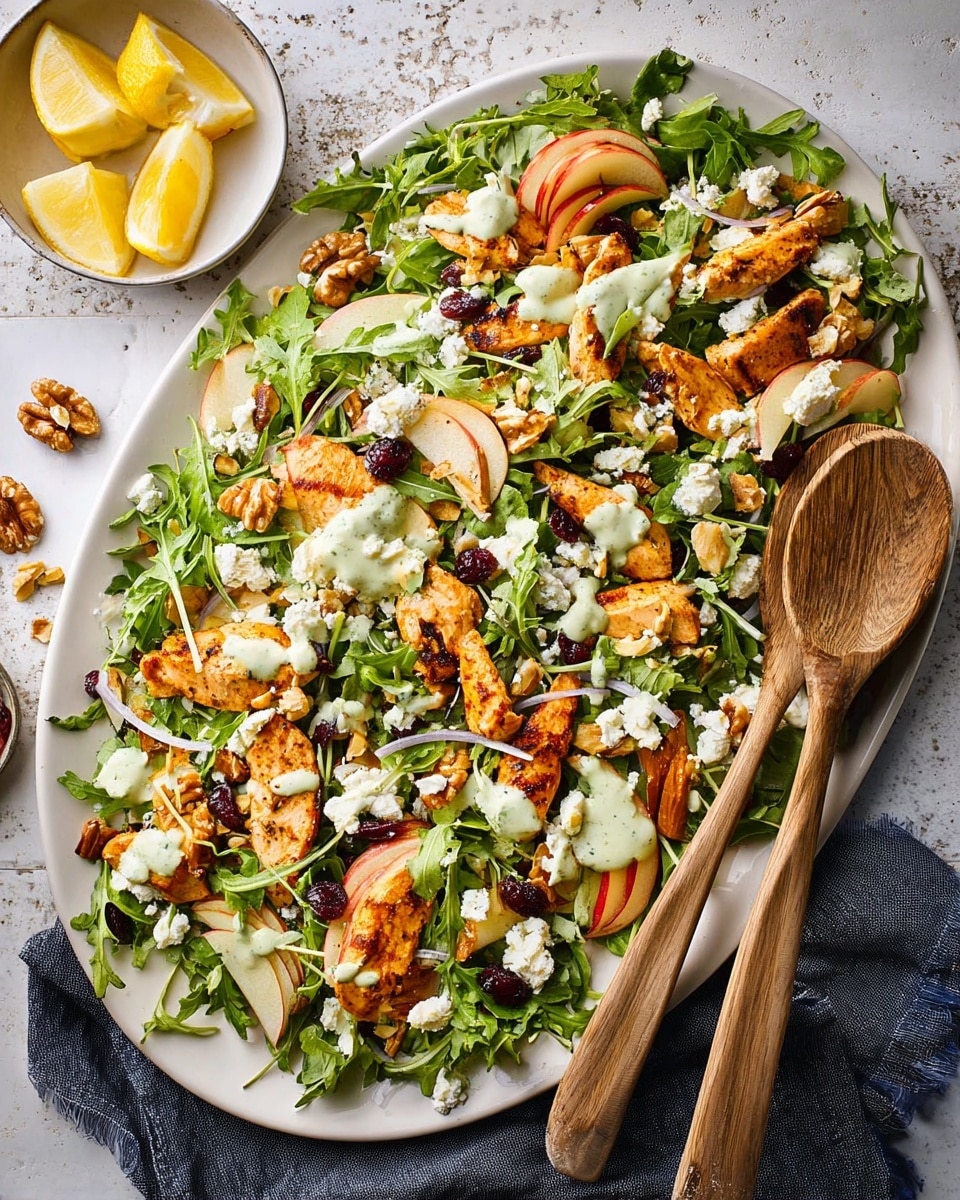 A large white oval plate holds a colorful salad layered with fresh green arugula and parsley as the base, topped with golden-brown grilled chicken pieces scattered evenly throughout. Thin slices of red-skinned apple are mixed in, adding a crisp contrast. Crumbled white cheese is sprinkled all over, along with whole walnut pieces and dried cranberries. A light green creamy dressing is drizzled across the top in soft dollops. Two wooden spoons rest on the plate. To the side, a small white bowl holds four lemon wedges. The background is a white marbled texture with a dark cloth partially visible under the plate. Photo taken with an iphone --ar 4:5 --v 7