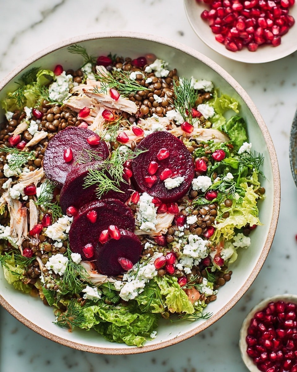 A large white bowl filled with a vibrant salad resting on a white marbled surface. The salad has several layers including a base of green leafy lettuce and fresh herbs, topped with cooked brown lentils scattered across. Slices of deep red beetroot lie on top, along with crumbled white cheese sprinkled evenly. There are bright red pomegranate seeds spread throughout the salad, adding a pop of color and texture, with shredded light-colored chicken mixed in. Fresh dill leaves are sprinkled on top, creating a colorful and textured look. Nearby is a small white bowl holding extra pomegranate seeds. Photo taken with an iphone --ar 4:5 --v 7