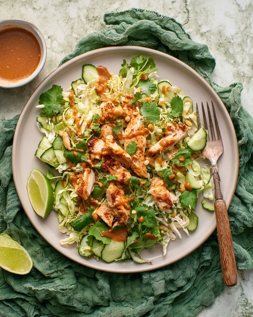 A green plate holds a colorful salad with multiple layers: at the bottom are thinly sliced white cabbage and green cucumber slices arranged across the plate, topped with cooked white chicken pieces coated in a thick brown sauce, and fresh bright green cilantro leaves scattered on top. There are also baby romaine lettuce leaves adding darker green texture. A lime wedge sits on the side, and a fork with a wooden handle rests on the right edge of the plate. In the background, part of a white bowl with chunky brown sauce is visible, all set on a green cloth over a white marbled surface. photo taken with an iphone --ar 4:5 --v 7