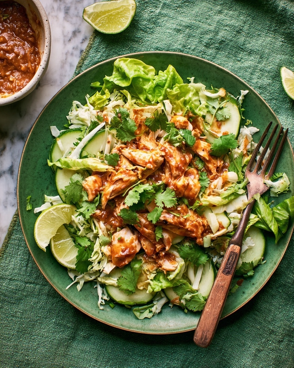 A white plate holds a fresh salad with three main layers: at the bottom, shredded cabbage and thin cucumber slices form a light green base; on top, pieces of grilled chicken with a light brown color are spread evenly; the top layer is a drizzle of reddish-brown peanut sauce dotted throughout. Bright green lettuce leaves and fresh cilantro sprigs add texture and color. A wedge of lime sits on the plate's edge. A fork with a wooden handle rests on the right side of the plate, all placed on a white marbled texture with a crumpled green cloth beneath. In the upper left corner, there is a small white bowl with more reddish-brown sauce. Photo taken with an iphone --ar 4:5 --v 7