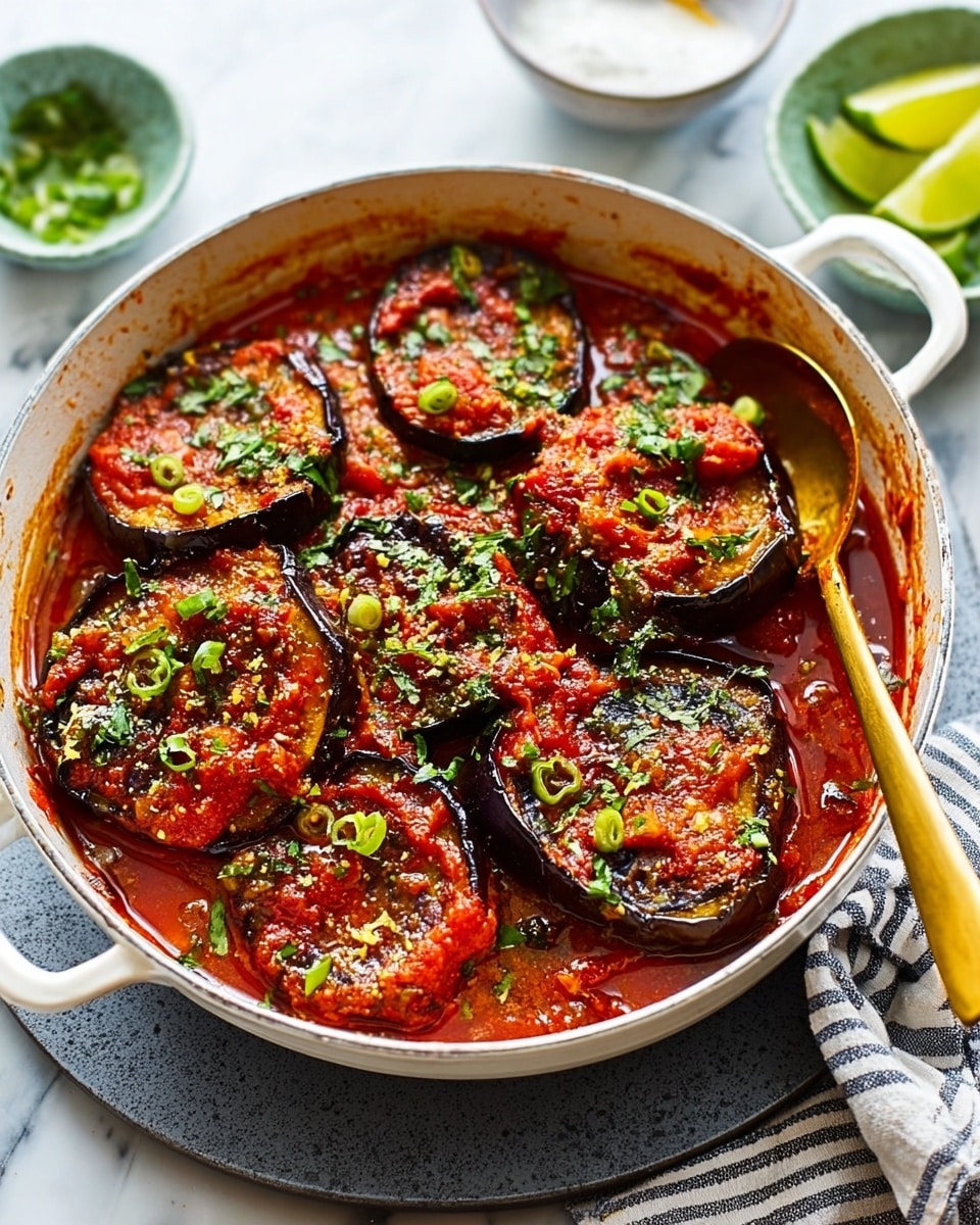 A white pan filled with layers of thick, dark brown roasted eggplant slices generously covered in chunky, bright red tomato sauce, sprinkled with finely chopped green herbs and green onion rings. The pan sits on a gray round plate, resting on a white marbled surface with a striped cloth nearby. A golden spoon is inside the pan, with a bowl of white sauce and a green lime wedge slightly blurred in the background. photo taken with an iphone --ar 4:5 --v 7