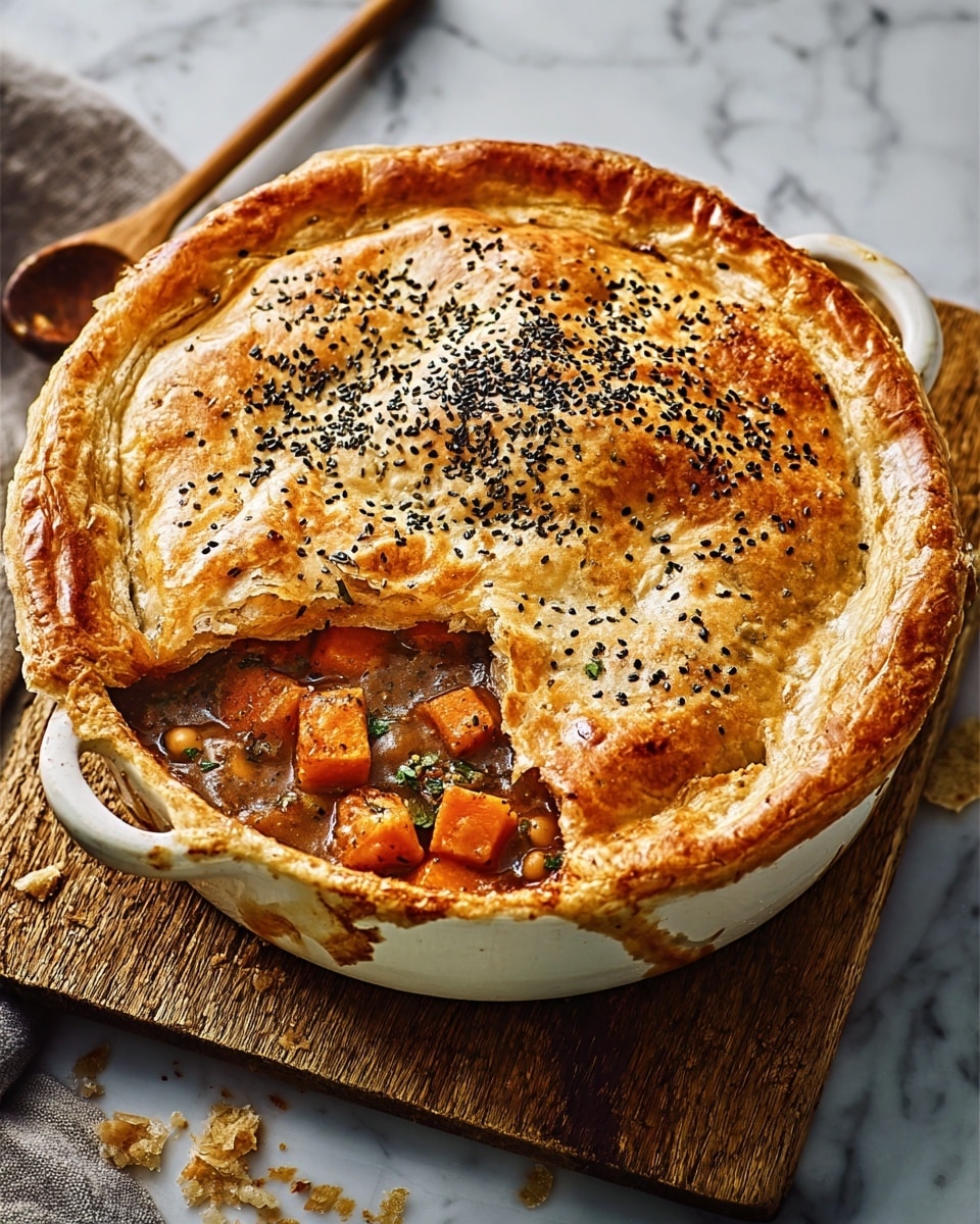 The image shows a round pot pie with a golden brown, flaky crust sprinkled with black seeds on top. The crust covers the entire pie except for one side where the filling is visible, showing chunks of orange sweet potatoes and a thick brown gravy mixed with green herbs and small beige beans. The pie is in a white ceramic dish with handles on each side. The dish is placed on a wooden board with some crumbs and a wooden spoon resting nearby. The background features a white marbled texture. Photo taken with an iphone --ar 4:5 --v 7