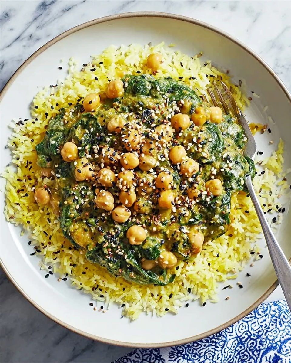 A white shallow plate is filled with a base layer of fluffy yellow rice covering the whole plate. On top, there is a thick layer of creamy green spinach sauce mixed with light brown chickpeas scattered evenly across. The sauce looks smooth with some texture from the greens and chickpeas. Sprinkled over the top is a mix of black and white sesame seeds and finely chopped nuts that add contrast and detail. A silver fork rests on the right edge of the plate with its prongs slightly digging into the rice. The plate is placed on a white marbled surface with part of a blue and white patterned cloth on the right side. photo taken with an iphone --ar 4:5 --v 7