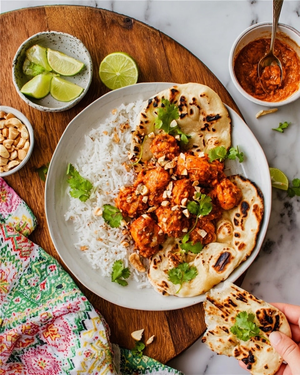 A white plate holds three pieces of orange-red chicken curry with almond slivers and green parsley leaves on top, resting on a bed of white rice. Alongside the curry and rice is a slightly charred piece of naan bread folded inside the plate, with a quarter lime wedge sitting on the rice near the bread. The plate is placed on a wooden table next to a colorful folded napkin with a geometric pattern of green, red, white, and orange triangles. Nearby are a small white bowl with a spoon in red chutney and a small brown bowl filled with almond slices. There are also lime wedges and scattered parsley leaves on the table. The background surface is a white marbled texture. Photo taken with an iphone --ar 4:5 --v 7