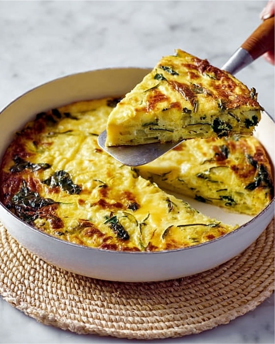 A white pan holds a yellow baked dish with a slightly browned top layer, showing a smooth and dense texture with green vegetable pieces, possibly spinach or zucchini, embedded within. The dish is about two layers thick; the top layer is mostly melted cheese with browned spots, and the inner layer reveals pale cooked eggs and green vegetables mixed in a soft, firm texture. A piece of the dish is lifted out by a metal spatula with a wooden handle, held by a woman's hand, showing the clean cut edges and colorful inside. The pan sits on a light beige woven mat placed over a white marbled surface. Photo taken with an iphone --ar 4:5 --v 7
