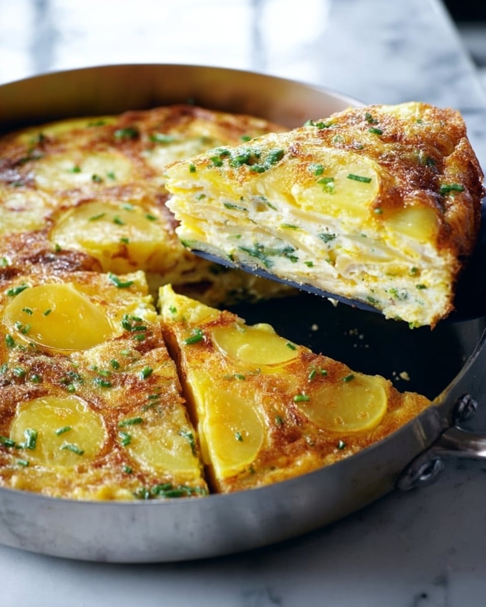 A close-up of a round baked dish in a metallic pan, with one slice being lifted by a black spatula held by a woman’s hand. The dish has several layers; the top layer is golden brown and slightly crispy with visible slices of yellow potatoes and green herbs scattered evenly. Below the surface, there are creamy, smooth layers of cooked egg mixed with the potatoes, showing a soft yellow color with green flecks inside, indicating herbs or vegetables. The pan is placed on a white marbled surface. Photo taken with an iphone --ar 4:5 --v 7