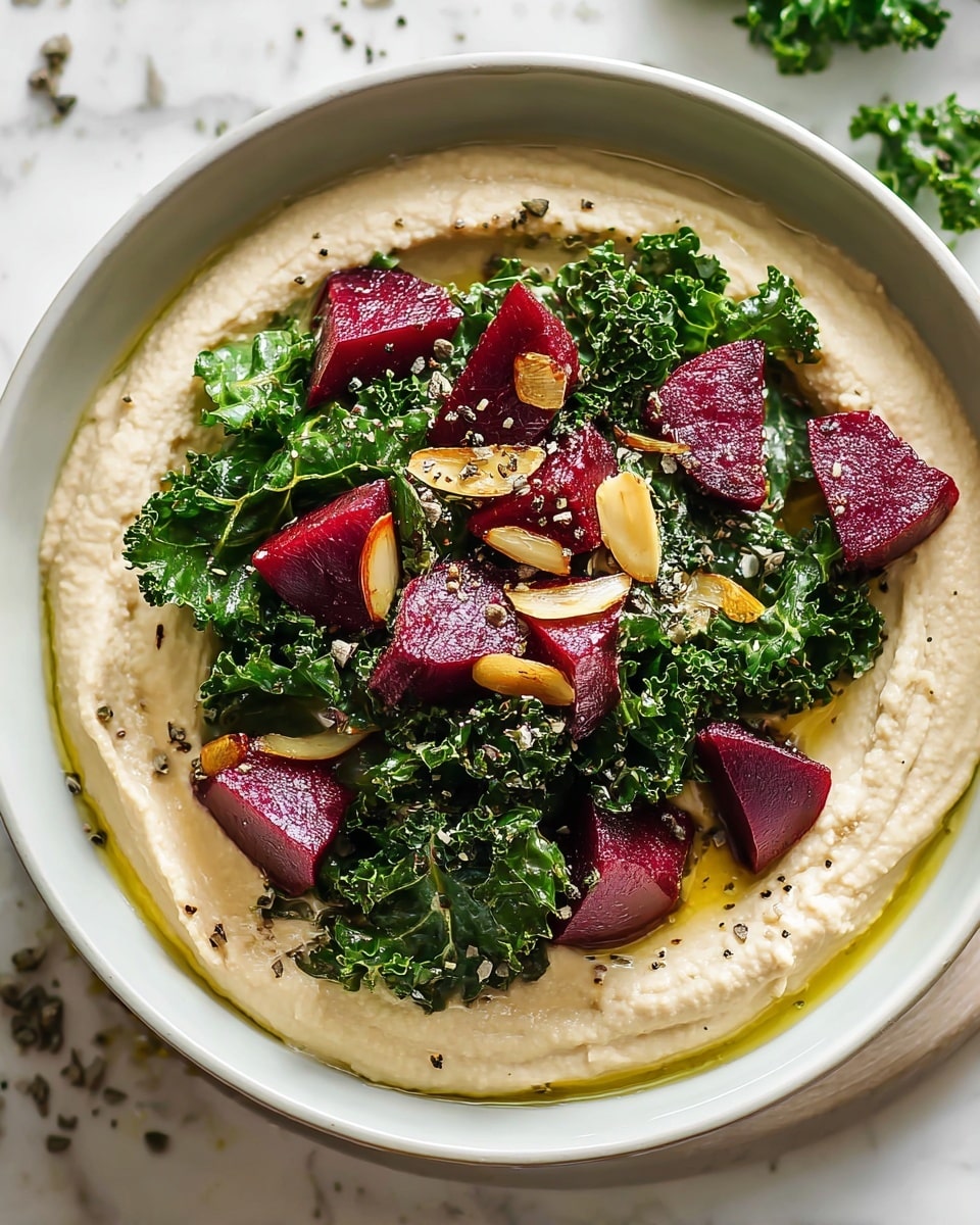 A white bowl filled with three visible layers: the bottom layer is a smooth, creamy beige hummus spread evenly; the middle layer is bright green sauteed kale arranged loosely on top; the top layer consists of deep red beet cubes scattered on the kale, with light golden-brown crispy garlic slices sprinkled over. Small drops of golden olive oil and black pepper are drizzled on the hummus around the edges. The bowl is set on a white marbled surface. photo taken with an iphone --ar 4:5 --v 7