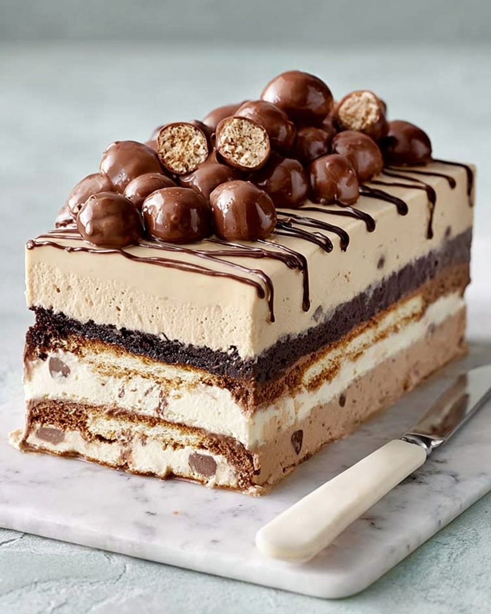 The image shows a rectangular layered dessert placed on a white marbled surface, with a white knife beside it. The dessert has five visible layers: starting at the bottom, there is a thick pale cream layer followed by a thin dark chocolate layer, then a medium brown cake or mousse layer, another layer of white cream with chocolate pieces, and finally a light beige creamy layer on top. The whole dessert is covered with a smooth glossy beige coating that slightly drips at the edges. The top is decorated with a drizzle of dark chocolate sauce and a pile of round chocolate balls, some whole and some cut in half showing a crunchy inside. photo taken with an iphone --ar 4:5 --v 7