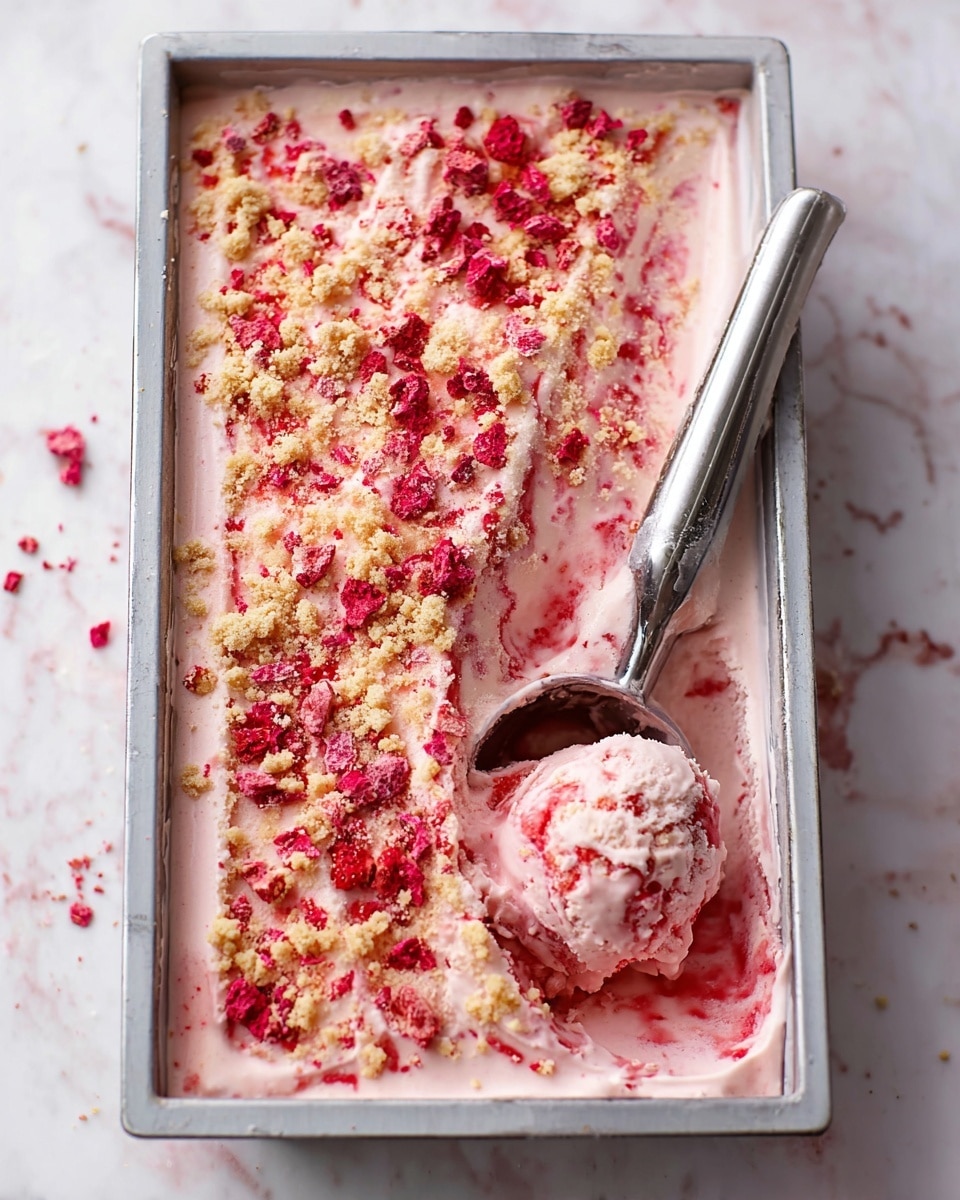 A rectangular metal tray holds a creamy pink ice cream base with visible swirls of red strawberry sauce mixed through it. On top, there are scattered crumbs of light beige streusel and pieces of bright red crushed freeze-dried strawberries, creating a textured sprinkle covering the surface. An ice cream scoop rests inside the tray, with some of the ice cream gathered in its scoop area, showing the creamy and slightly chunky texture of the ice cream mix. The tray sits on a white marbled surface. photo taken with an iphone --ar 4:5 --v 7
