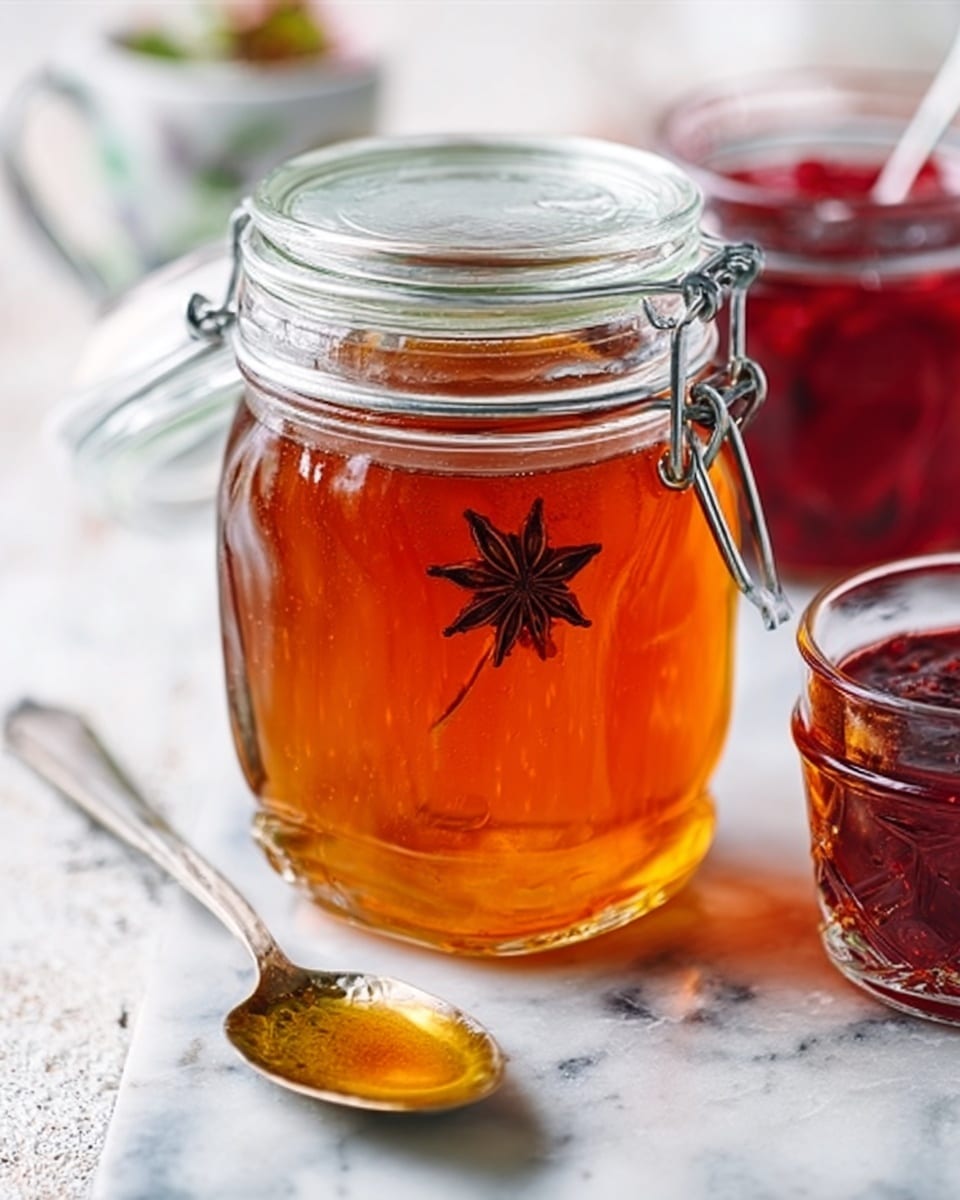 The image shows a clear glass jar filled with amber-colored honey, with a star anise floating inside near the middle of the jar. The jar has a metal clasp and a white lid resting open behind it. In front, there is a silver spoon covered in honey placed on a white marbled surface. Next to the jar on the right side, there is a smaller glass jar filled with a red jam. The background is softly blurred with hints of white and light colors, emphasizing the jars. Photo taken with an iphone --ar 4:5 --v 7