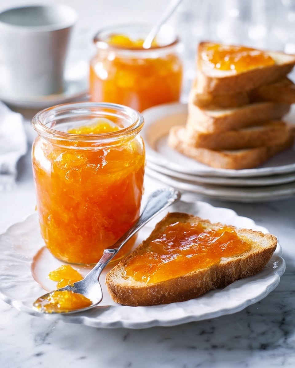 The image shows a white scalloped-edge plate on a white marbled surface with a piece of crusty toasted bread spread with bright orange jam. Next to the toast, there is a silver knife with some jam on it. Behind the toast, there are two clear glass jars filled with chunky orange jam, one with a spoon inside. In the background, there is a white plate stacked with several toasted bread slices. The overall scene is bright and fresh, highlighting the texture of the jam and the toasted bread crusts. Photo taken with an iphone --ar 4:5 --v 7