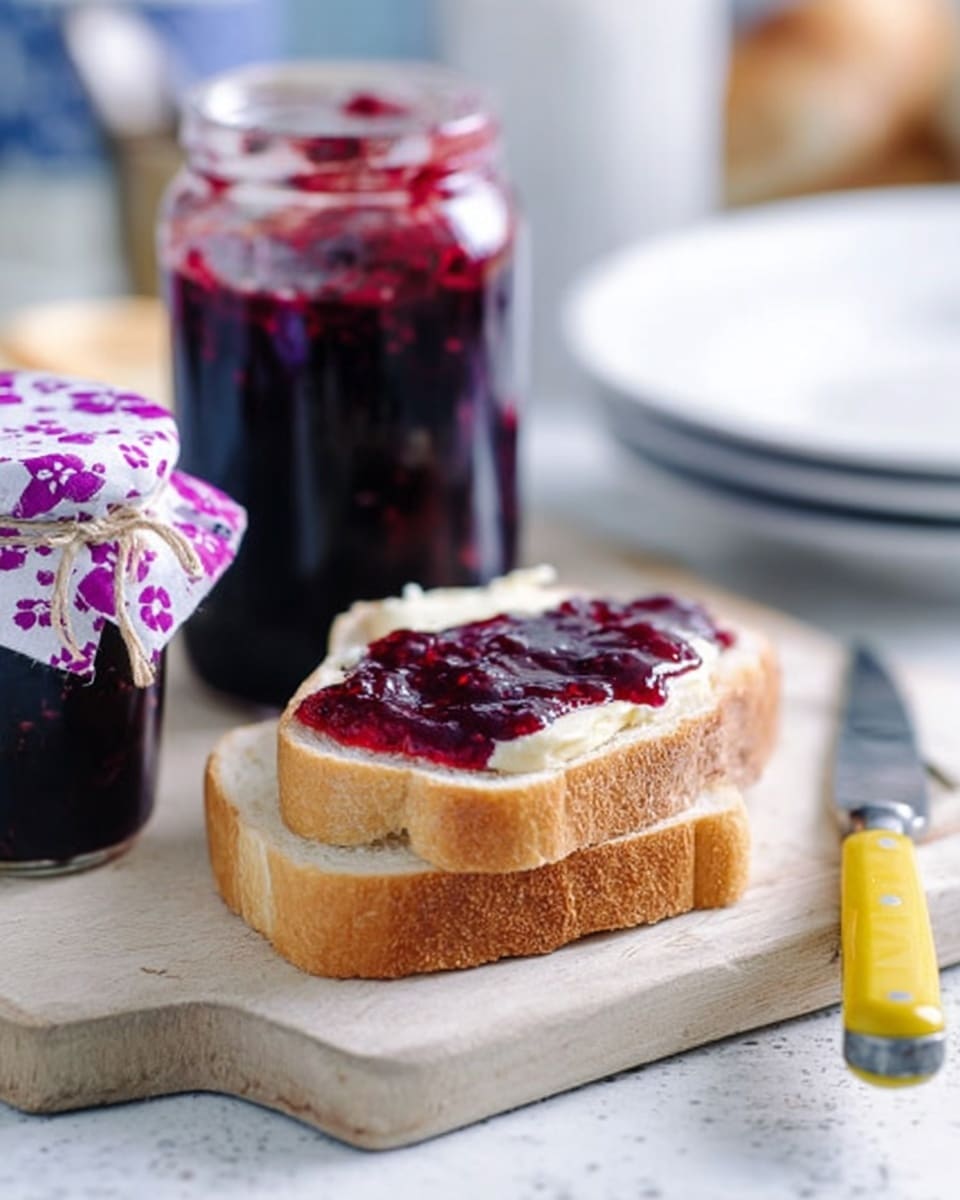 The image shows a slice of white bread placed on top of another slice on a wooden cutting board with a rough texture. On the top slice, there is a thick, glossy layer of dark red berry jam with visible seeds and small chunks, spread unevenly to show its glossy, sticky texture. Behind the bread, an open glass jar filled with the same dark red jam is placed, with the jam visible up to the rim and a shiny surface. To the left, part of a loaf of white bread with a soft and slightly crumbly texture is visible, next to a jar covered with a blue and white checkered cloth. To the right, a white plate with a slice of butter and a yellow-handled butter knife rests on a white marbled surface with a light pink and white checkered cloth underneath the cutting board. photo taken with an iphone --ar 4:5 --v 7