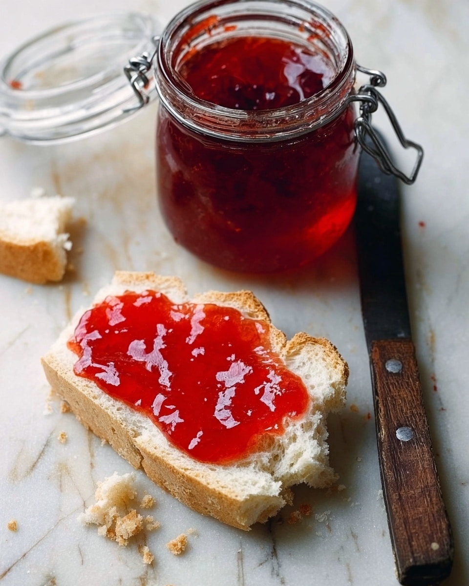 The image shows a piece of bread torn from a larger loaf, spread with a thick layer of white cream cheese on the bottom, topped with a glossy, bright red jam spread evenly across the cream cheese. The bread's crust is light golden brown and crumbly, and the inside is soft and white. Next to the bread, a white-handled knife rests on the white marbled surface, and crumbs are scattered around. In the background, a glass jar filled with the same red jam is visible, its metal clasp open. Photo taken with an iphone --ar 4:5 --v 7