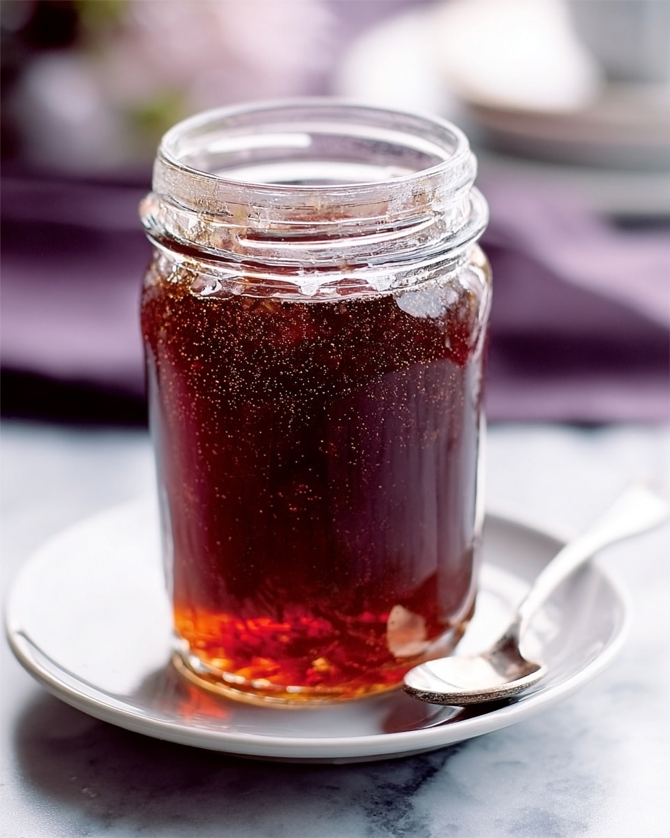 A tall clear glass jar is filled with dark amber-colored jelly, showing a slightly shiny and gel-like texture. The jelly fills the jar up to near the top, with some small pieces of fruit or bubbles visible inside, adding some texture. The jar is placed on a small white plate that has a matching silver spoon resting on it. The background has a soft and blurred purple cloth and other out-of-focus elements. The surface is a white marbled texture. photo taken with an iphone --ar 4:5 --v 7