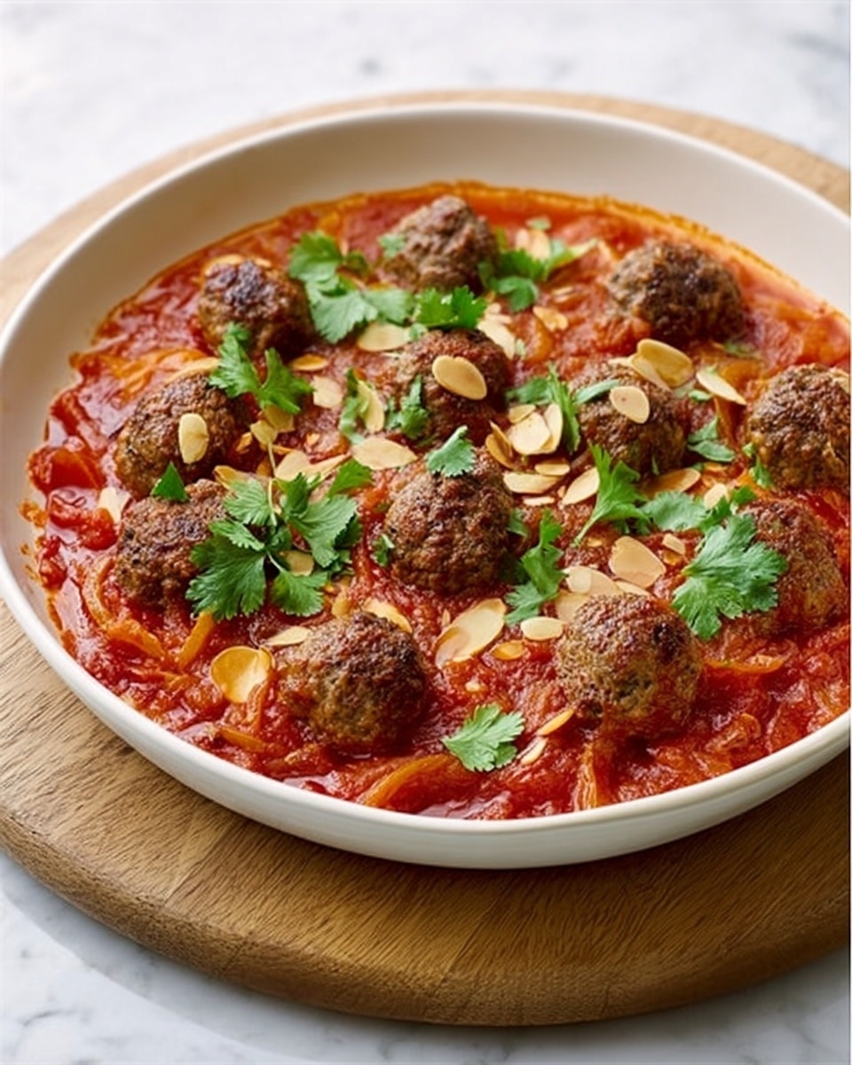 A shallow white dish holds a thick, chunky red tomato sauce as the base layer, mixed with visible pieces of cooked vegetables. On top, there are evenly spaced browned meatballs with a slightly rough, textured surface. Lightly toasted almond slices are scattered across the dish, adding a pale cream color and crunchy texture. Bright green fresh cilantro leaves are sprinkled on top, providing a burst of color and freshness. The dish sits on a wooden board, which is placed on a white marbled surface. Photo taken with an iphone --ar 4:5 --v 7