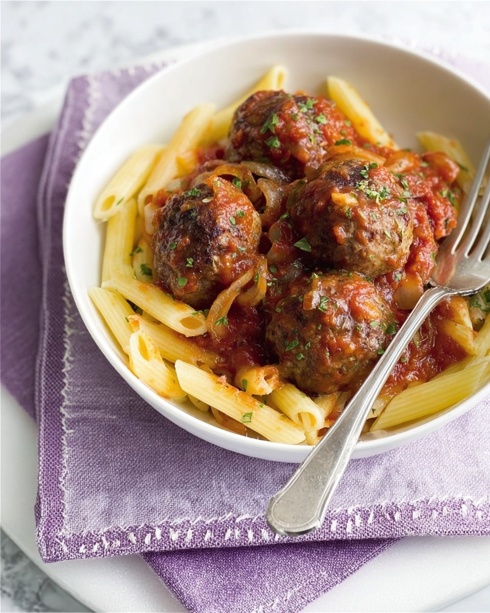 A white bowl filled with a base layer of yellow penne pasta, topped with four large brown meatballs covered in red tomato sauce mixed with cooked onions and green herb sprinkles, sitting on a white cloth with a purple stitched edge on a purple board. A silver fork lies to the right of the bowl, resting partially on the cloth. The background is a white marbled surface. Photo taken with an iphone --ar 4:5 --v 7