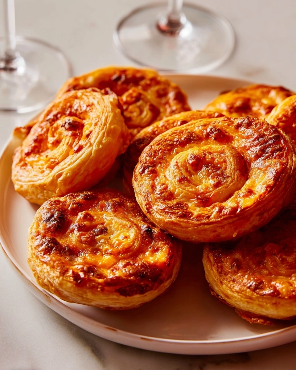 A white round plate holds seven golden-brown puff pastry swirls with a slightly crispy outer layer and a soft, cheesy interior that has a rich orange-red color with hints of tomato sauce and melted cheese. The pastries are arranged close together, showing the flaky texture of the crust and the glossy, slightly browned cheese topping. In the background, there are two glasses with stems, all set on a smooth white marbled surface. photo taken with an iphone --ar 4:5 --v 7