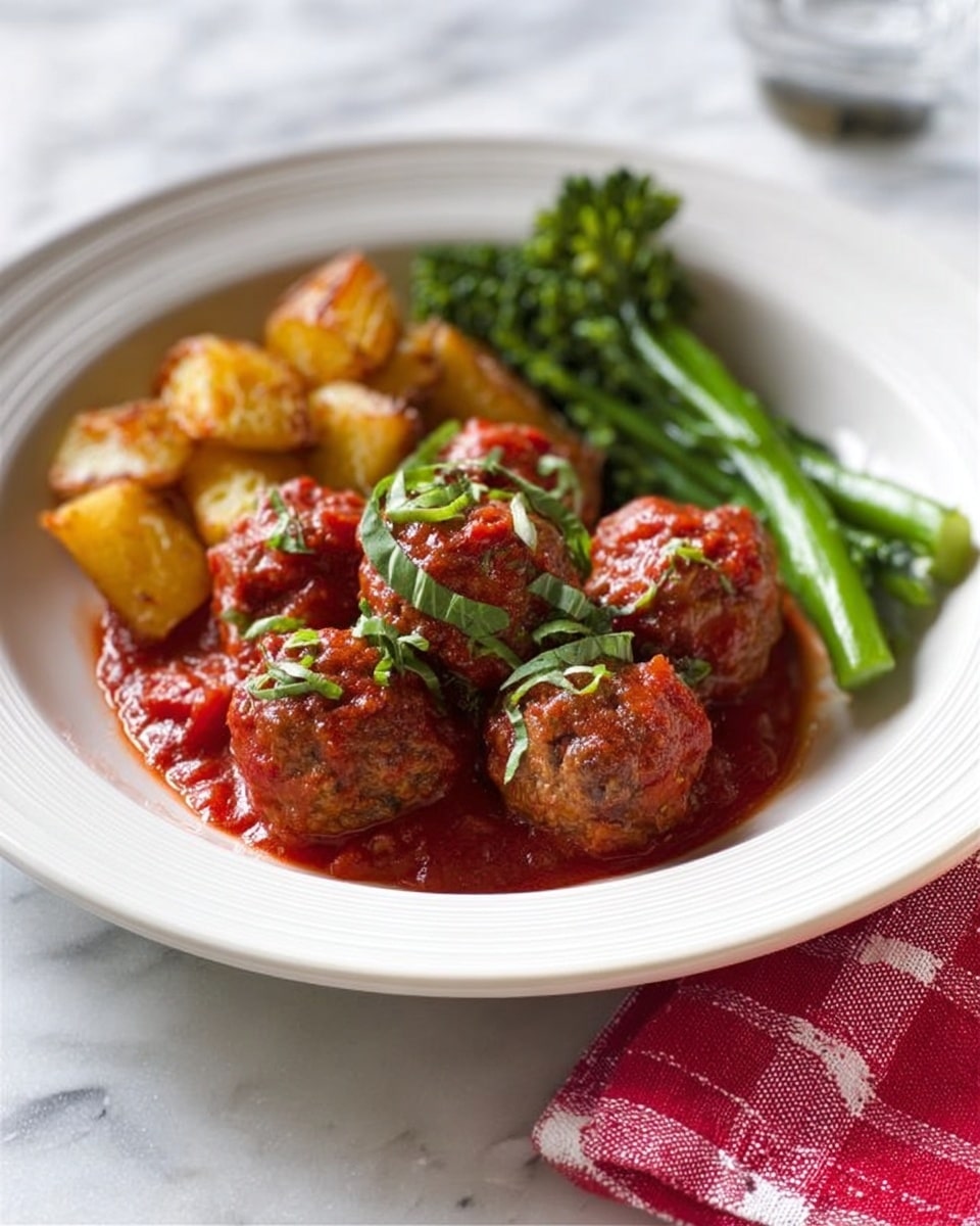 A white shallow bowl contains a serving of meatballs coated in red tomato sauce, garnished with green basil strips on top, positioned slightly to the front right of the bowl. To the left, there are small golden brown roasted potato cubes with a crisp texture. At the back right side of the bowl, there are two bright green broccolini stalks adding a fresh contrast. The bowl is placed on a white marbled surface with a red checkered cloth partially visible on the right edge of the image. The photo taken with an iphone --ar 4:5 --v 7