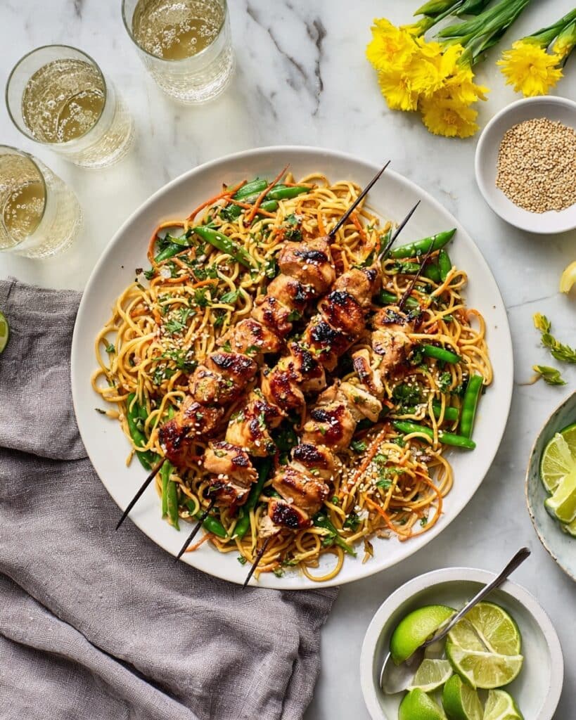 Sticky Ginger & Honey Chicken Skewers with Noodle Salad Recipe