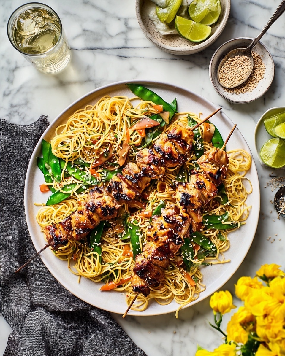 The dish shows two metal skewers with grilled chicken pieces, charred and golden brown, lying on top of a bed of stir-fried yellow noodles mixed with bright green snap peas and thin orange carrot strips, all sprinkled with light toasted sesame seeds and small green herb bits. The food is served on a round white plate, placed on a white marbled surface. Around the plate, there is a folded dark gray cloth napkin to the left, a glass of sparkling water, a bowl with lime wedges, and another small bowl with more sesame seeds and a spoon. Yellow flowers are visible at the top right edge of the image. photo taken with an iphone --ar 4:5 --v 7