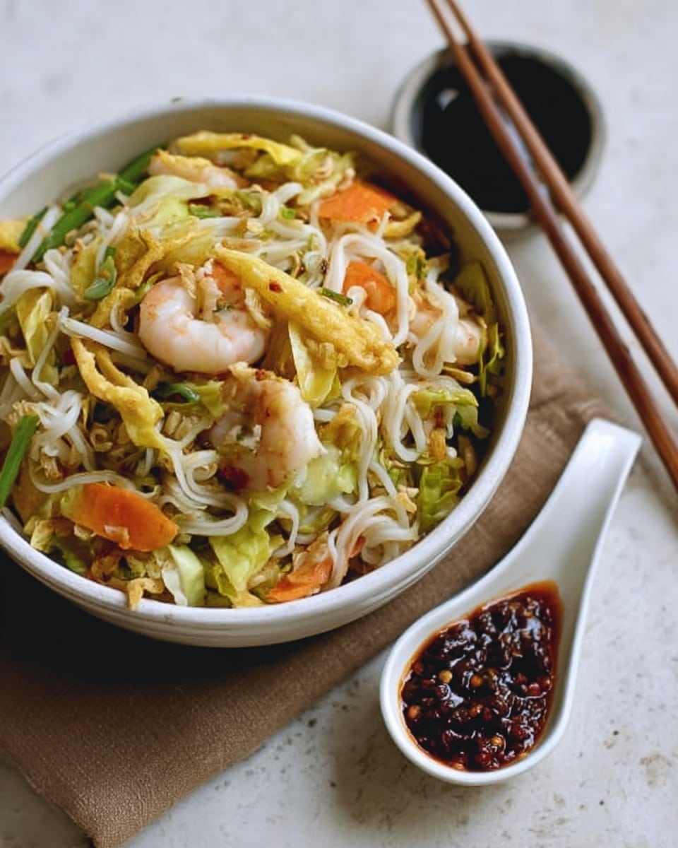 The image shows a white bowl filled with a colorful stir-fry dish. The bottom layer has white noodles mixed with small shrimp that are pinkish-white. On top, there are bright orange carrot slices, light yellow strips of bamboo shoots, and light green cabbage pieces. The dish looks fresh and lightly cooked with some bean sprouts visible. Two wooden chopsticks rest on the edge of the bowl. Next to the bowl is a small white dish with dark red spicy sauce, and a pair of chopsticks is balanced on it. The background is a white marbled surface photo taken with an iphone --ar 4:5 --v 7