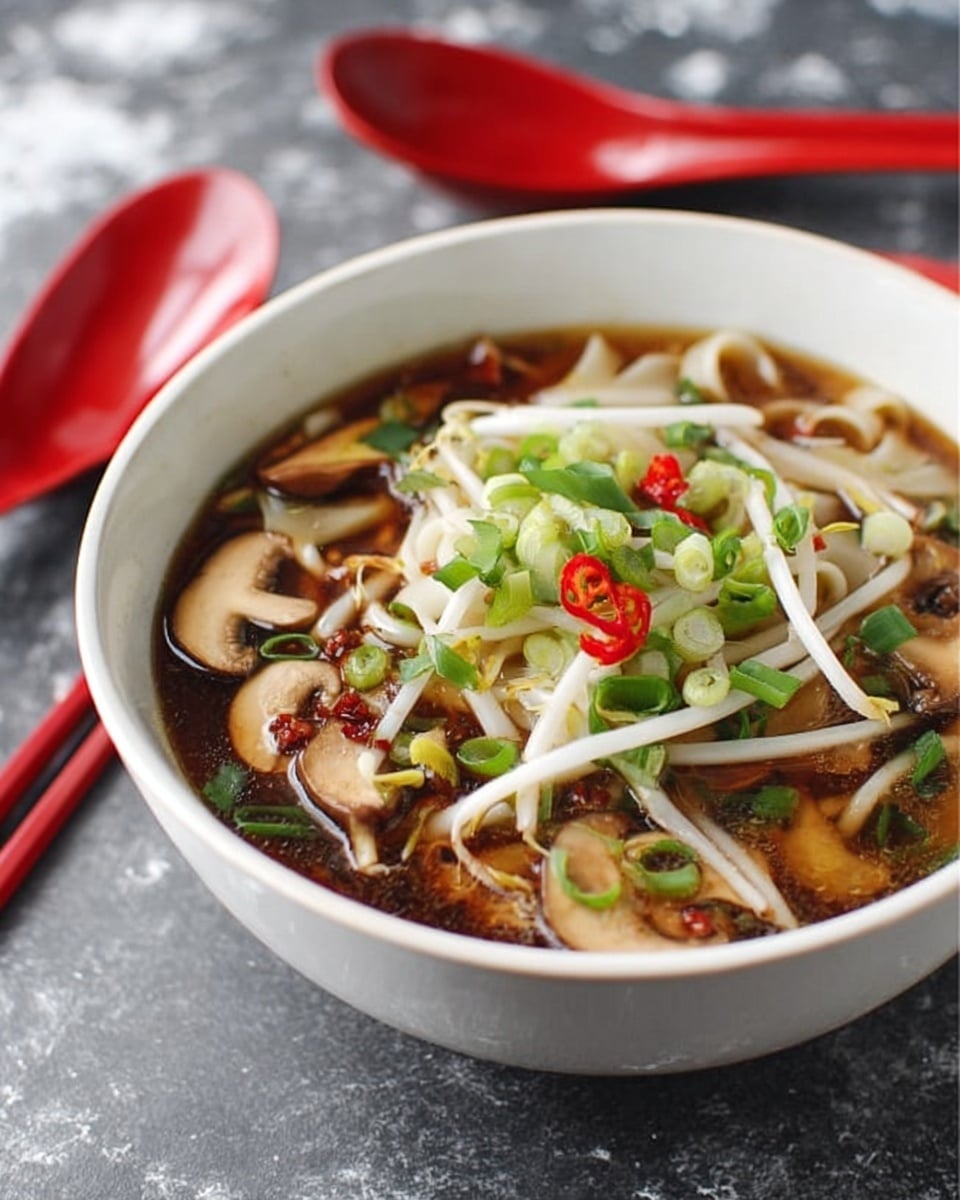 A white bowl filled with a dark broth soup with flat noodles at the bottom, topped with light brown mushroom slices, thin white bean sprouts, and thinly sliced green onions scattered over the top. There are small red chili pieces adding a touch of color. The bowl sits on a dark gray surface beside two red spoons resting on a white marbled textured background. photo taken with an iphone --ar 4:5 --v 7