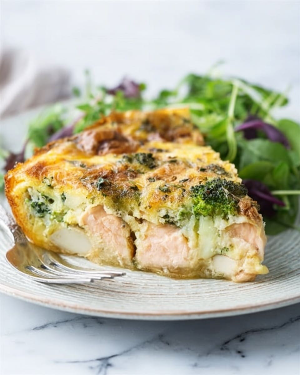 A slice of baked dish with a thick, creamy layer filled with chunks of light pink salmon and green broccoli pieces on top, showing a golden-brown baked surface mixed with some browned herbs and vegetables. The base layer appears soft and pale yellow, likely made of eggs or custard. Beside the slice, there is a small serving of fresh mixed green salad leaves. The dish is served on a white plate with a subtle textured rim, placed on a white marbled surface, and a metal fork rests next to the slice. photo taken with an iphone --ar 4:5 --v 7