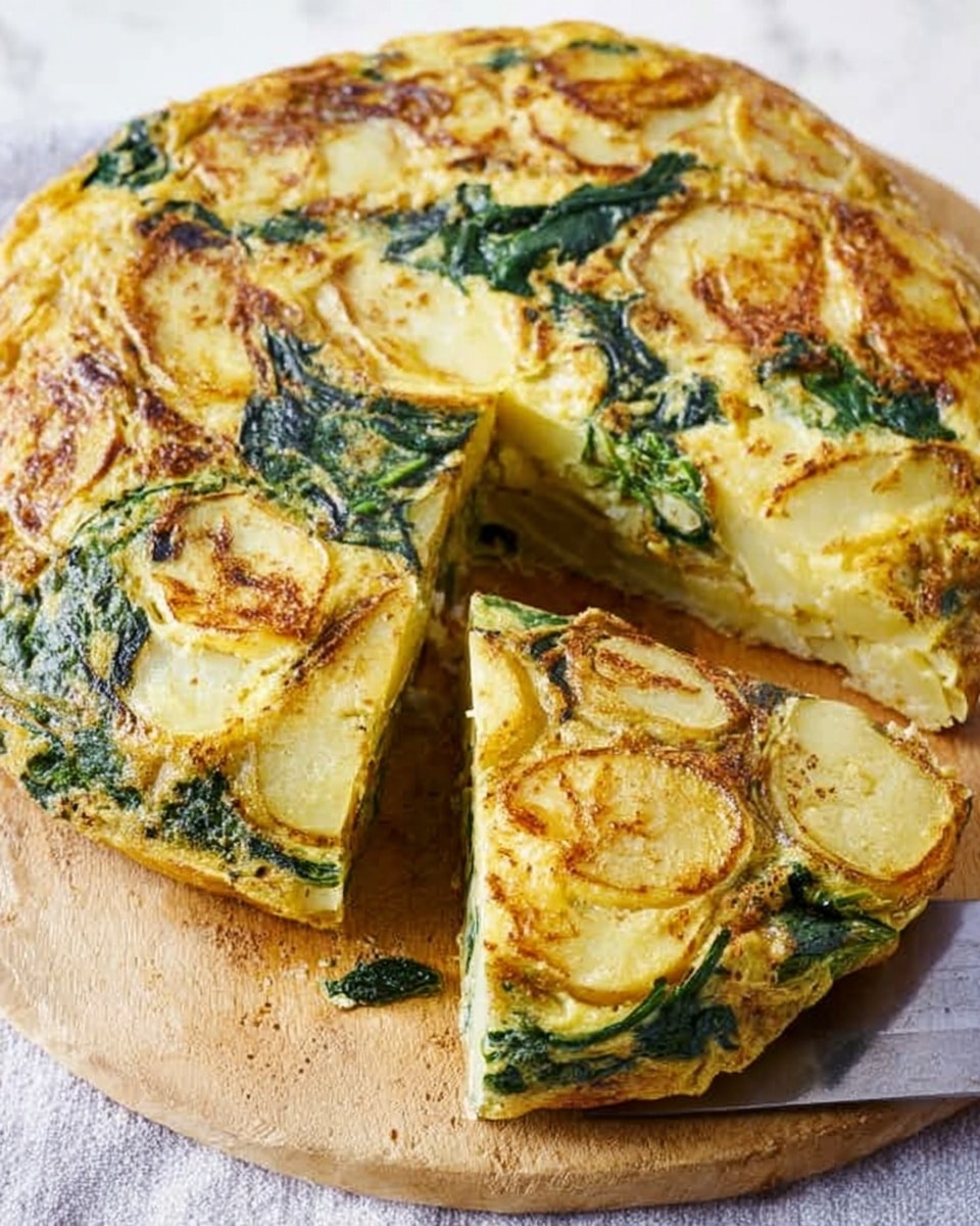 A thick round frittata sits on a wooden board placed on a white marbled surface. The frittata has a golden-brown top with visible browned edges and is filled with layers of cooked potato slices and green spinach leaves, creating a mix of yellow, light brown, and dark green colors throughout the dish. One wedge has been cut and slightly pulled out, showing the soft inner texture with the potato and spinach layers clearly visible. A large knife rests under the board, close to the frittata, all photographed in natural light. Photo taken with an iphone --ar 4:5 --v 7