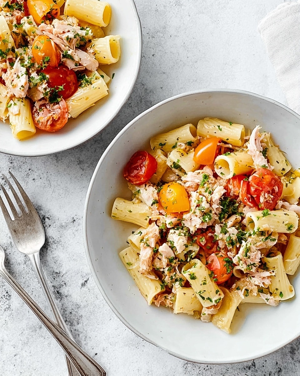 Two white bowls filled with pasta sit on a white marbled surface. Each bowl contains about three layers: the base layer is wide, tube-shaped pasta in a pale yellow color; the middle layer is mixed with chunks of light pink cooked chicken and halved cherry tomatoes showing a bright red and orange interior; the top layer is sprinkled with finely chopped green herbs and tiny bits of grated cheese that add a slight creamy texture. Near the bowls, there is a woman's hand holding a fork, and the overall scene is bright with soft natural light. photo taken with an iphone --ar 4:5 --v 7