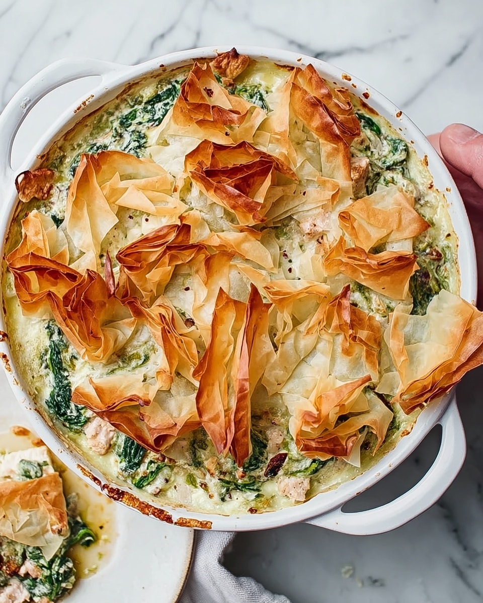 The image shows a white round dish with handles filled with a baked creamy green spinach and chicken mixture, covered by several layers of golden-brown, crispy, and flaky phyllo dough sheets arranged in a loose, crumpled pattern on top. The creamy filling beneath this uneven, toasted top layer is thick and visible in some spots, with pieces of green spinach and white chicken chunks clearly seen. The dish sits on a white marbled surface with a small part of another white plate with sauce visible in the corner, and a woman's hand is holding the dish from the right side. photo taken with an iphone --ar 4:5 --v 7