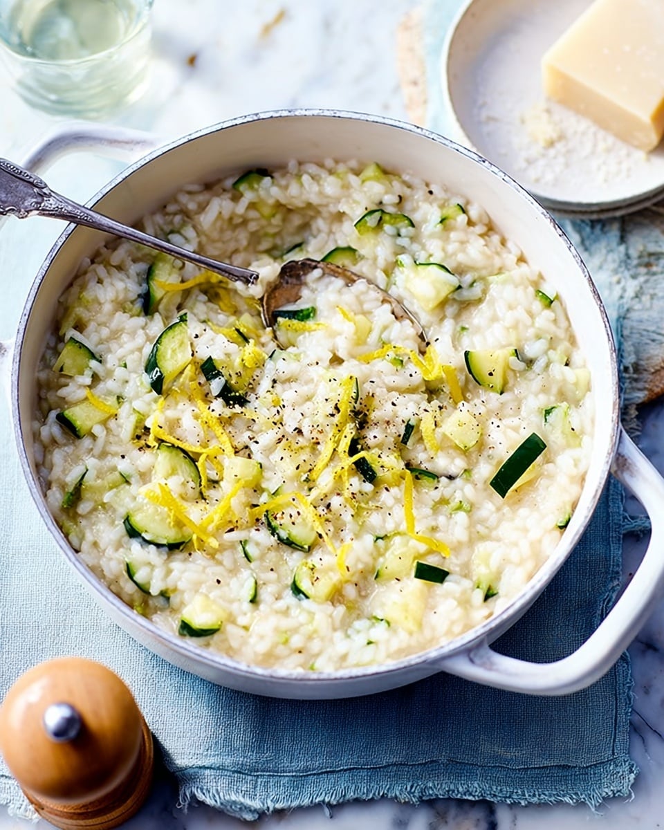 A close-up view of a creamy risotto in a white pot with a silver handle, where the risotto has a soft, thick texture made of white rice mixed with small pieces of dark green zucchini scattered evenly throughout. Thin yellow lemon zest strips are spread on top along with a sprinkle of black pepper. A silver spoon is placed inside the pot, partially scooping the risotto, sitting on a white marbled surface with a light blue cloth underneath. To the right side of the image, there is a white plate with a wedge of pale cheese and a wooden pepper grinder. Photo taken with an iphone --ar 4:5 --v 7