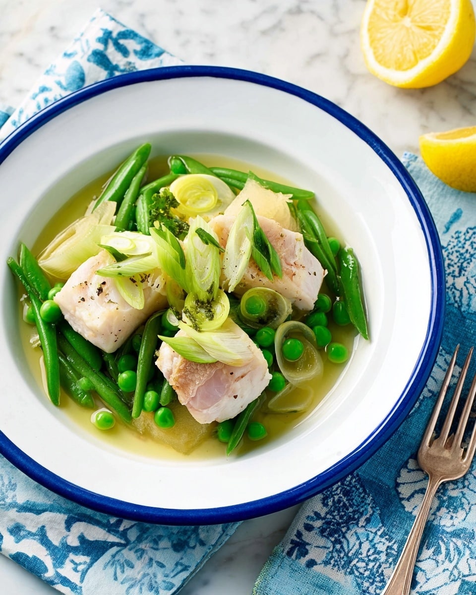 A white plate with a blue rim holds a dish with three main layers; the bottom layer is a light green broth, the middle layer has bright green peas and green beans, and the top layer features three pieces of light pink cooked fish, topped with sliced pale green spring onions. On the side of the plate, there is a yellow lemon wedge. The plate is set on a white marbled surface with a blue patterned cloth and a fork nearby. Photo taken with an iphone --ar 4:5 --v 7