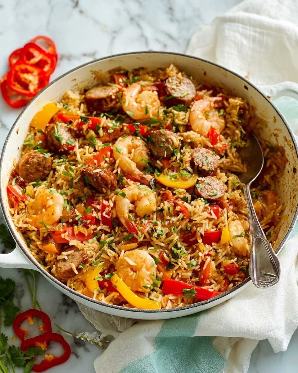 The image shows a white pot full of cooked rice mixed with pieces of shrimp, small sausages, red and yellow bell peppers, and green herbs. The rice is fluffy and golden-brown with visible grains, while the shrimp are plump and pink, mixed evenly throughout. The sausages are browned and cut into bite-sized pieces, sitting on top and inside the rice. Bright red and yellow bell pepper slices add color and texture, scattered on the surface. Some green herbs are sprinkled lightly over the top, adding freshness. A silver spoon rests inside the pot on the right side. The pot is placed on a white marbled surface with a white cloth folded nearby, and some sliced red peppers are beside the pot. photo taken with an iphone --ar 4:5 --v 7