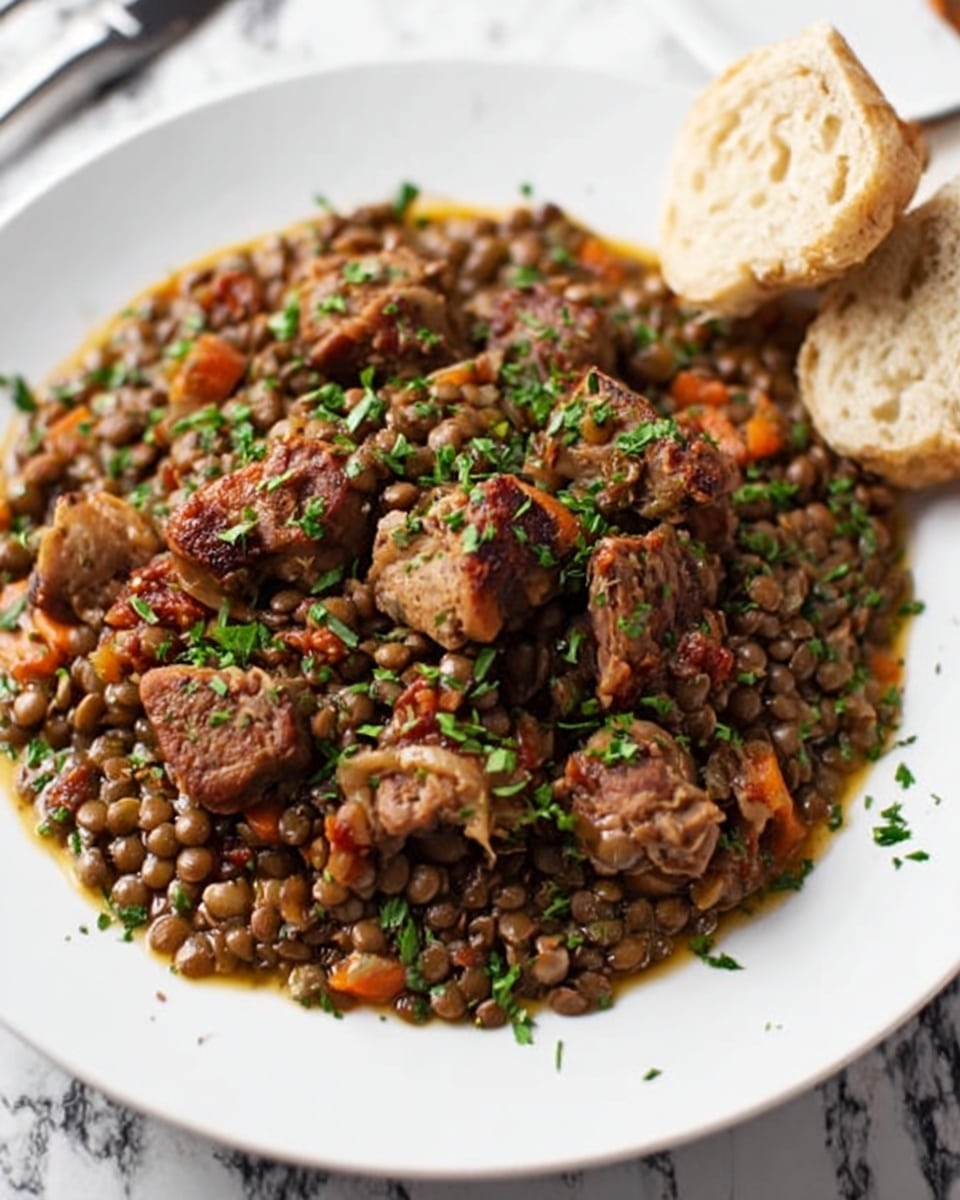 A full white plate holds a single layer of lentils cooked with chunks of browned meat and small pieces of carrots, mixed in a light brown sauce with green herbs sprinkled on top. The lentils are dark brown and appear soft, while the meat pieces are meaty and tender with a slightly crispy outside. Bright green chopped herbs are scattered across the dish, adding freshness. In the background, on the top right side of the plate, two pieces of light brown soft bread appear slightly torn. The setting is on a white marbled surface. Photo taken with an iphone --ar 4:5 --v 7