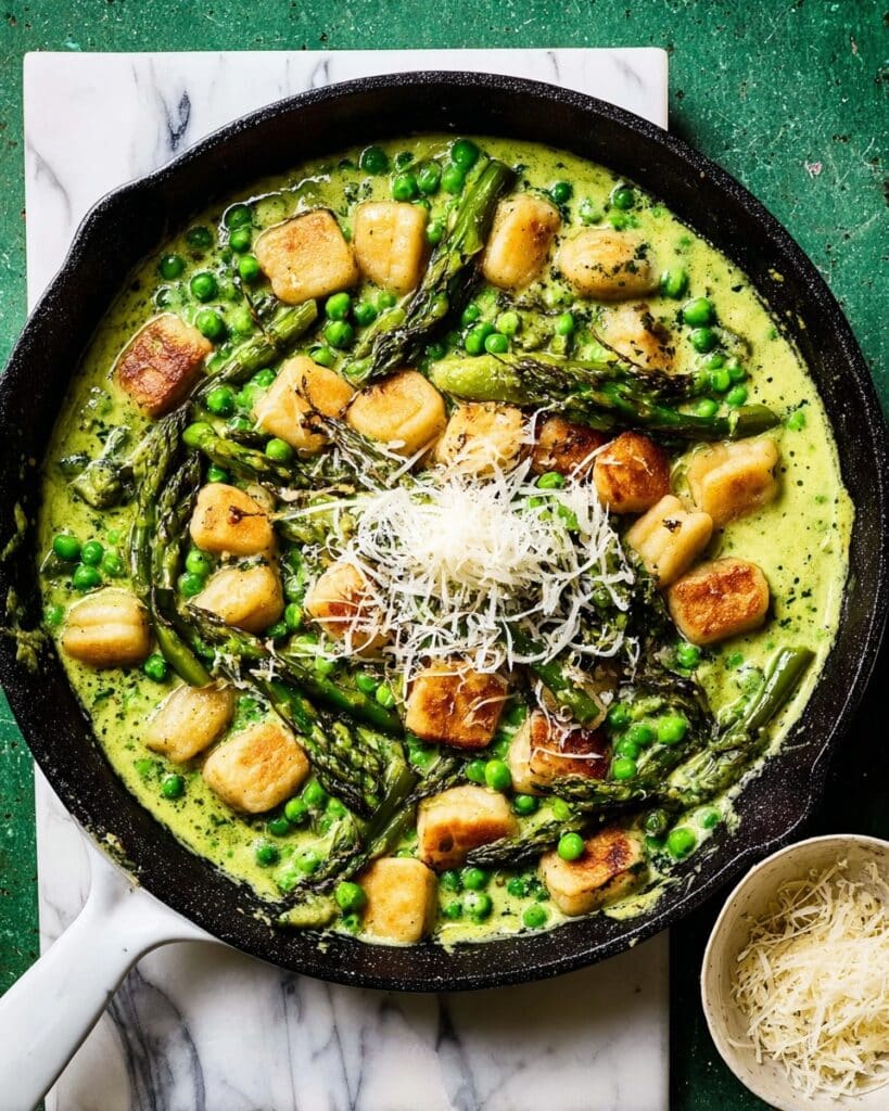 Crispy Gnocchi with Cavolo Nero Pesto, Asparagus & Peas Recipe