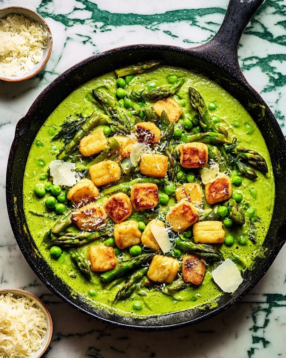 A black skillet is filled with a green creamy sauce as the base layer, with whole green peas and asparagus stalks placed on top, spreading around the edges. On top of this green layer, golden-brown pan-fried gnocchi pieces are scattered, forming a rough circle in the middle. A few white cheese shavings are sprinkled over the gnocchi. The skillet is set on a white marbled surface with small white dishes containing extra cheese near the bottom left side. Photo taken with an iphone --ar 4:5 --v 7