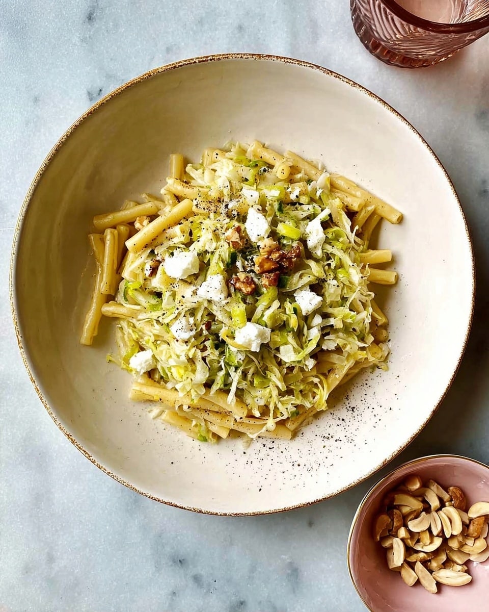 A white bowl holds a dish with one main layer of light yellow, short tube pasta mixed with pale green shredded vegetables. Scattered on top are small white cheese cubes and pieces of brown nuts, with a light sprinkling of black pepper. The white bowl rests on a white marbled surface, next to a small pale pink bowl containing some sliced nuts. Photo taken with an iphone --ar 4:5 --v 7