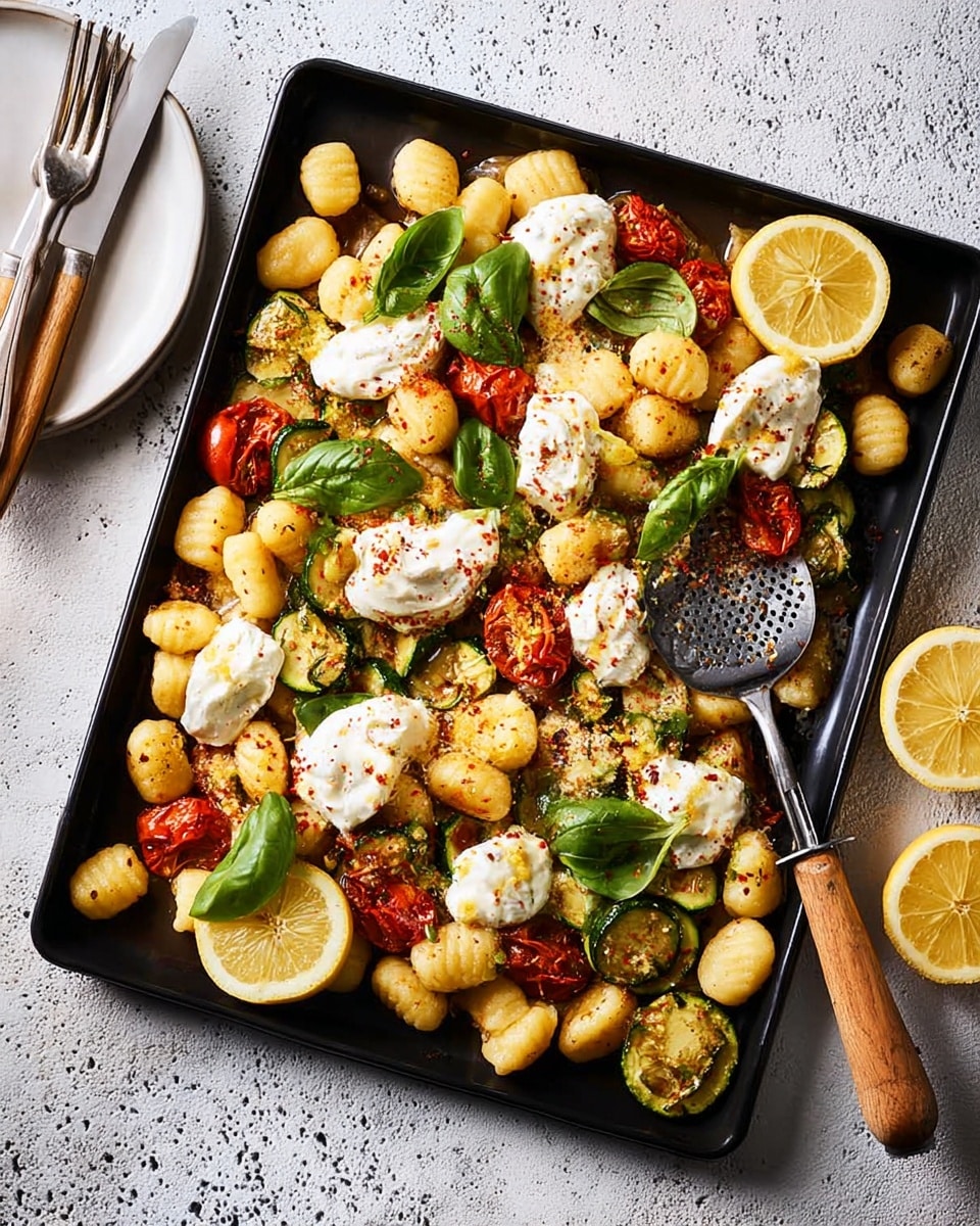 The dish shows a black rectangular tray filled with three layers: the base layer is small, light golden gnocchi scattered across the tray; the second layer has bright green sliced zucchini and roasted cherry tomatoes with a slightly wrinkled red color, mixed evenly among the gnocchi; the top layer consists of dollops of white creamy sauce and fresh green basil leaves scattered all over, with a sprinkling of red pepper flakes on the sauce. Around the edges of the tray, there are four lemon wedges with a bright yellow color placed at corners. A vintage metal slotted spoon rests on the right side of the tray, partially covered with gnocchi and sauce. The tray is set on a white marbled textured surface, and on the left side, there is a white plate holding two forks and a knife with wooden handles. photo taken with an iphone --ar 4:5 --v 7