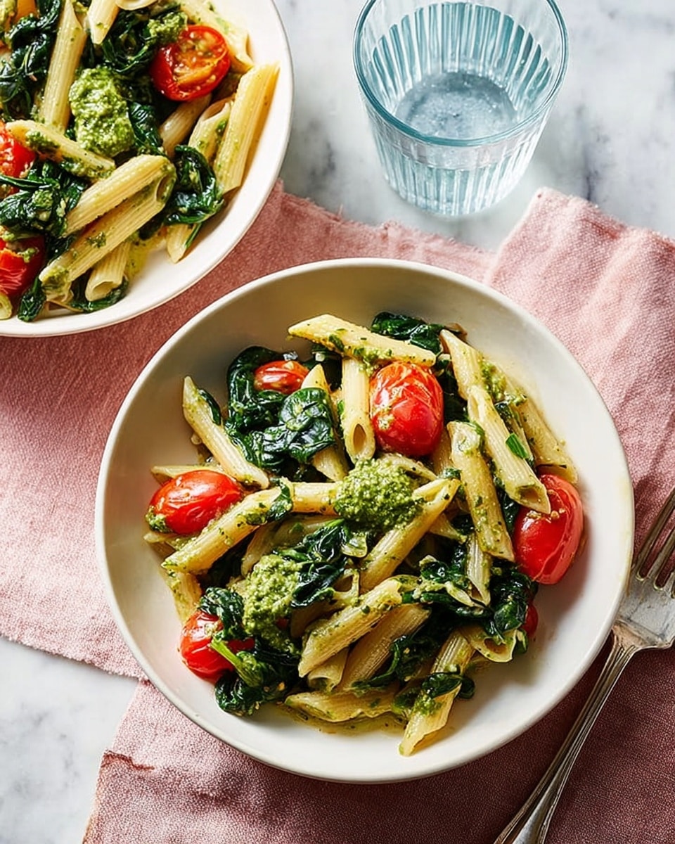 A white bowl filled with penne pasta mixed with bright green spinach leaves and halved red cherry tomatoes. The pasta is lightly coated with a green pesto sauce, which appears in small dollops scattered across the top. The spinach looks wilted but still fresh, with its dark green color contrasting against the pale yellow pasta. The cherry tomatoes add pops of shiny, juicy red across the dish. The bowl sits on a soft pink cloth on a white marbled surface, with a silver fork placed nearby. Another similar bowl with the same dish is partially visible to the right. A clear glass of water with ridges sits above the bowl, catching light softly. photo taken with an iphone --ar 4:5 --v 7