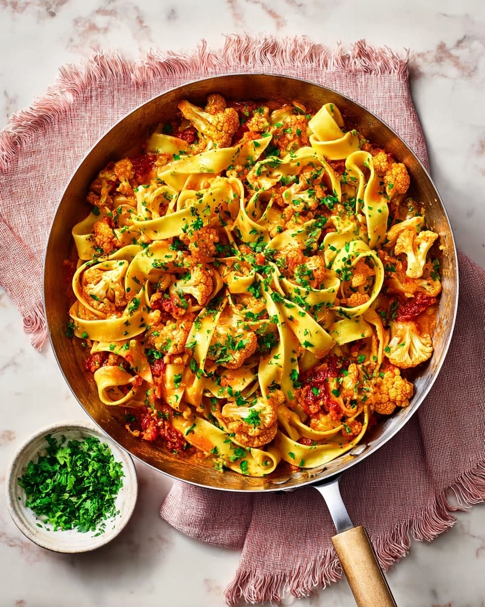 A large silver pan filled with wide, curly yellow pasta ribbons mixed with small light tan cauliflower pieces and chunks of roasted tomatoes with a deep red color. The ingredients are coated in a thick orange-red sauce and sprinkled with finely chopped bright green herbs. The pan rests on a soft pink cloth with fringed edges, placed on a white marbled surface. To the lower left, there is a small white bowl filled with more finely chopped green herbs. photo taken with an iphone --ar 4:5 --v 7