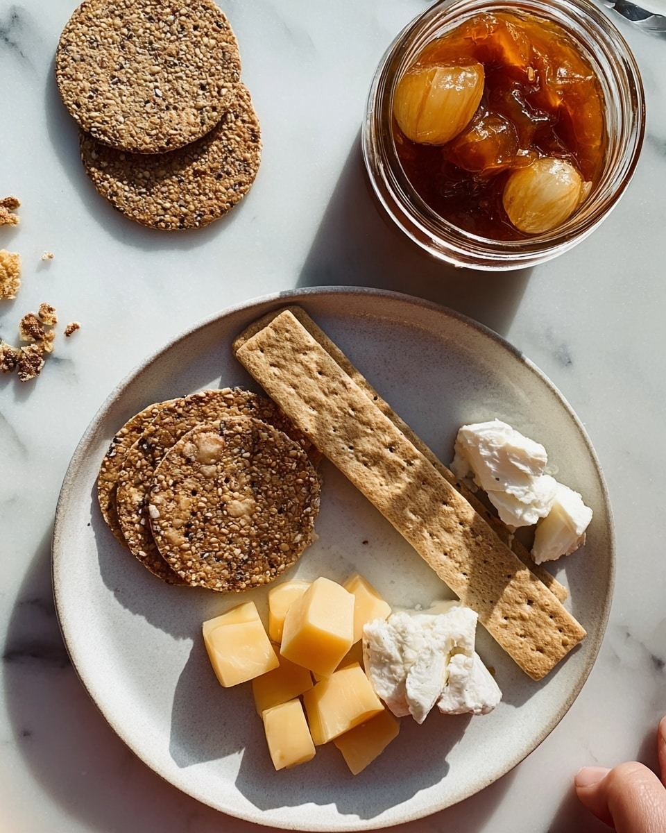 A simple plate with several food items arranged neatly on a white plate. There are two round multigrain crackers placed near the top center, and two long rectangular crackers overlapping them on the right side. Below the crackers, there is a small pile of golden-yellow cheese chunks and a few pieces of white soft cheese with a crumbly texture next to it. To the right of the cheese, there is a glossy sauce with whole roasted garlic cloves, creating a rich texture and warm amber color. An opened jar containing the same sauce is placed to the upper left of the plate on a white marbled surface, its lid resting nearby. Part of a broken cracker with some soft cheese spread on it is visible on the lower left side of the image, with a woman's hand nearby. photo taken with an iphone --ar 4:5 --v 7