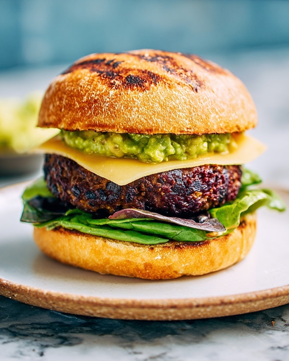 A close-up of a burger on a white plate, set on a white marbled surface. The burger has four layers: the bottom toasted bun is golden brown with a slightly crispy texture; above it is a dark green leafy lettuce layer; next, there is a thick, dark brown grilled patty with a textured surface, topped by a pale yellow slice of cheese that is slightly melted; on top of the cheese, there is a bright green chunky guacamole spread; the top toasted bun is golden with visible grill marks. Photo taken with an iphone --ar 4:5 --v 7