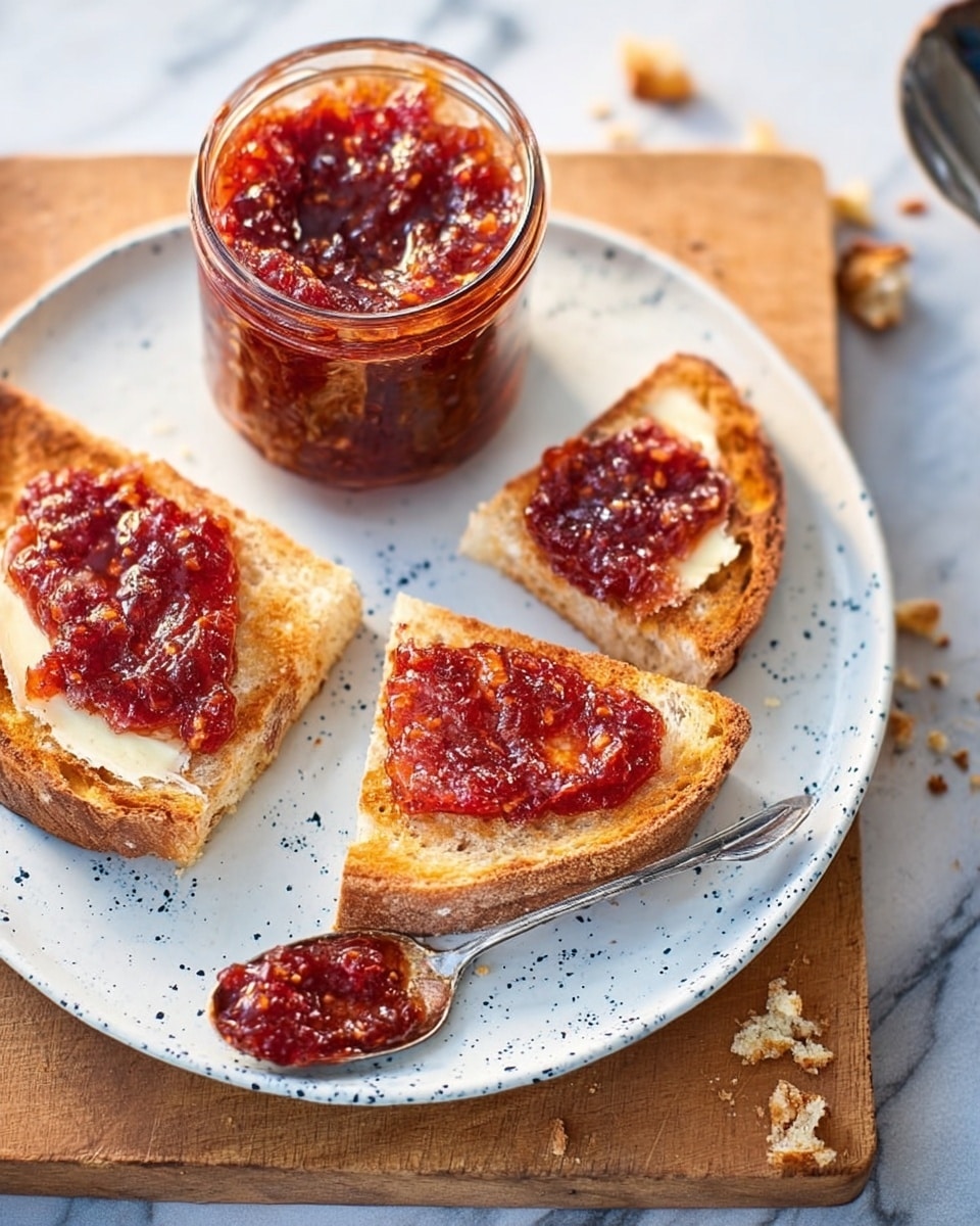 The image shows three pieces of toasted bread with a crispy, golden-brown crust spread with a smooth layer of soft butter, topped with a chunky, deep red fruit jam that looks slightly shiny and sticky. The bread slices are placed on a white plate with a delicate speckled blue pattern, while beside it sits an open jar full of the same jam. A small silver spoon with some jam rests between the toast slices on the plate. The background is a wooden board with some crumbs scattered around, all set on a white marbled surface. The photo taken with an iphone --ar 4:5 --v 7
