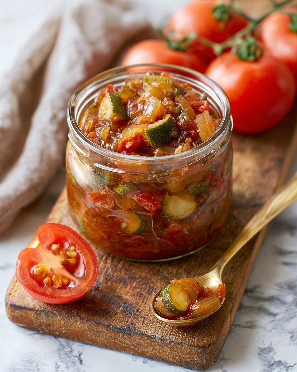 The image shows a clear glass jar filled with a chunky vegetable stew, featuring visible pieces of green zucchini, red tomato chunks, and translucent cooked onions. The stew has a reddish-brown color with a soft, cooked texture. The jar sits on a rustic wooden cutting board, next to a halved ripe tomato with vibrant red flesh and seeds. A gold spoon with some stew clinging to it rests on the board nearby. In the background, there are whole tomatoes on the vine and a folded light-colored cloth, all set against a white marbled surface. Photo taken with an iphone --ar 4:5 --v 7