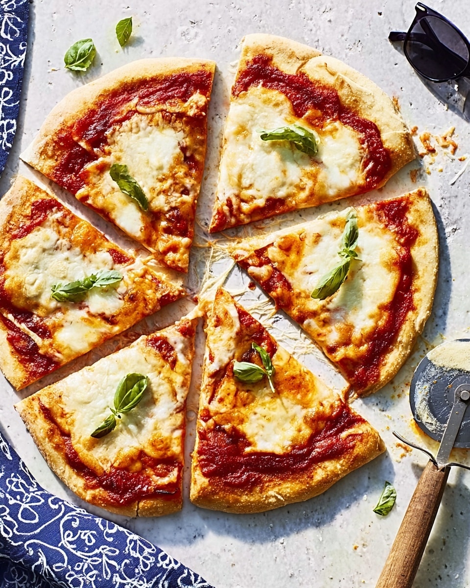 A thin pizza with six triangular slices on a white marbled texture. The pizza has a golden crust, a bright red tomato sauce layer spread evenly, topped with melted white and slightly browned cheese. Small green basil leaves are placed on top of each slice and in the center. To the right side, there is a pizza cutter with some sauce on it and a pair of black sunglasses nearby. On the left side, a blue cloth with white patterns is partly visible. photo taken with an iphone --ar 4:5 --v 7