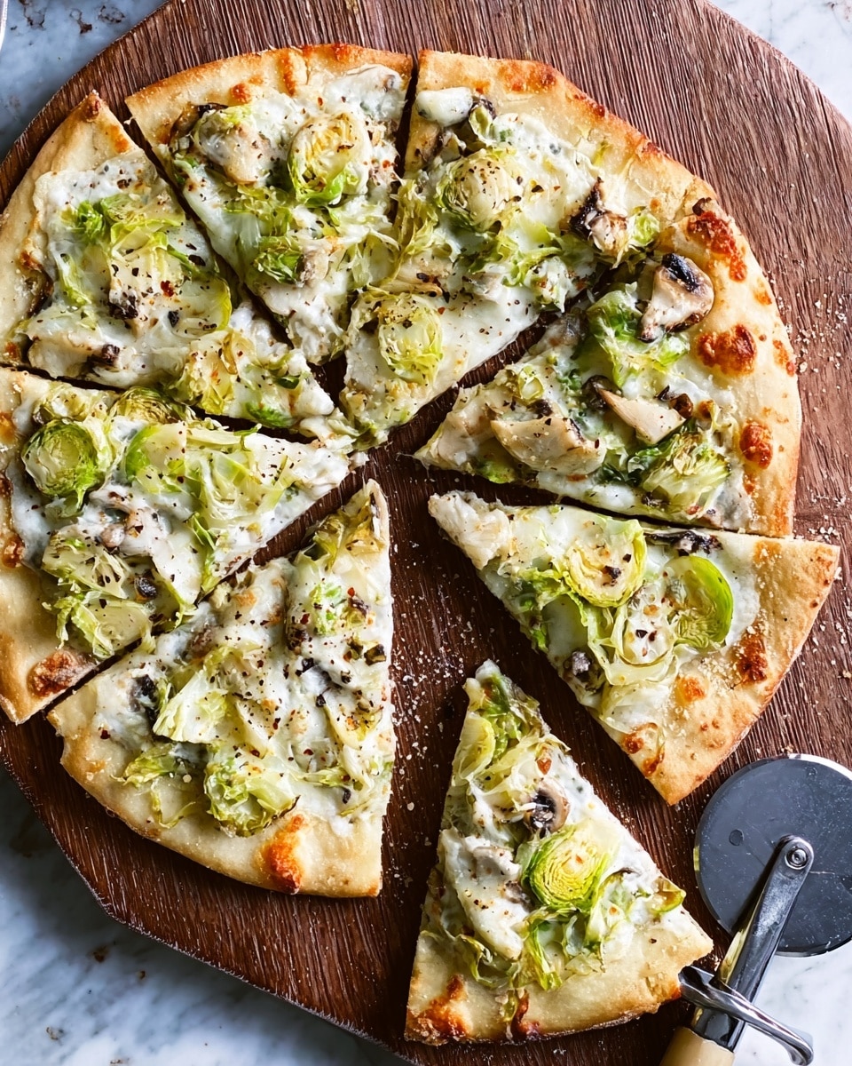A white crust pizza cut into six slices sits on a wooden board with a silver pizza cutter beside it. The pizza has a thin golden crust with the first layer being melted white cheese covering the base. Over the cheese, there are thin slices of light green vegetables which look like Brussels sprouts. There are small dollops of browned white sauce spread evenly and some black and white bits sprinkled on top, possibly mushrooms or seasoning. One slice is slightly pulled away, showing the texture of the crust and toppings clearly. The photo background is a white marbled texture. Photo taken with an iphone --ar 4:5 --v 7