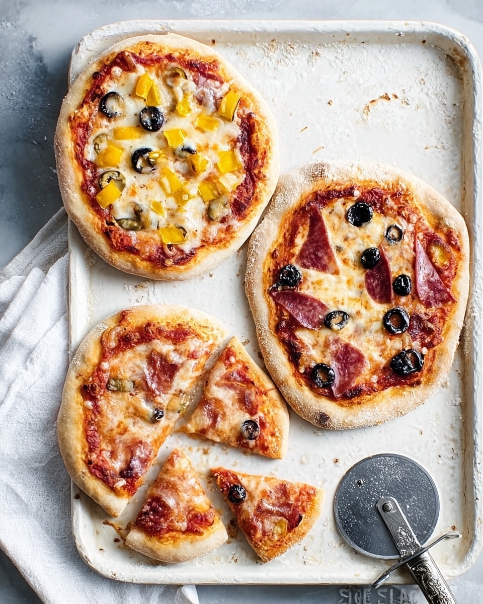 Three small pizzas are placed on a white marbled textured baking tray. The first pizza on the top left has a golden crust with melted cheese, tomato sauce, yellow bell pepper pieces, and black olive slices scattered on top. The second pizza on the top right looks similar but has smaller toppings, including cheese and black olive slices. The third pizza on the bottom right is cut into four slices, showing its melted cheese, tomato sauce, salami pieces, and black olive slices on top, with a silver pizza cutter beside it. A white cloth napkin is folded and placed to the left side of the tray. Photo taken with an iphone --ar 4:5 --v 7