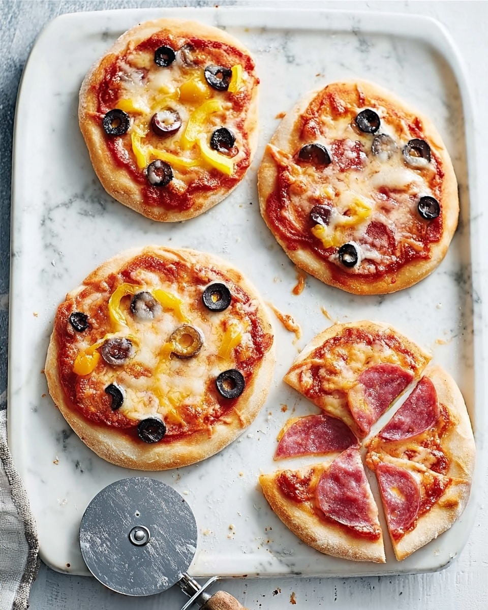 The image shows three small, round pizzas on a white baking tray set on a white marbled surface. Each pizza has a golden-brown crust with a layer of red tomato sauce, melted light yellow cheese, and black olive slices scattered on top. One pizza is whole with small yellow bell pepper pieces mixed with olives. Another pizza is cut into four slices and has visible pink slices of pepperoni and olives spread evenly, with one slice removed slightly to the side. The third pizza is whole with a similar texture of cheese and olives but without visible peppers. A metal pizza cutter with a black handle lies near the tray. The scene is bright and clean. Photo taken with an iphone --ar 4:5 --v 7