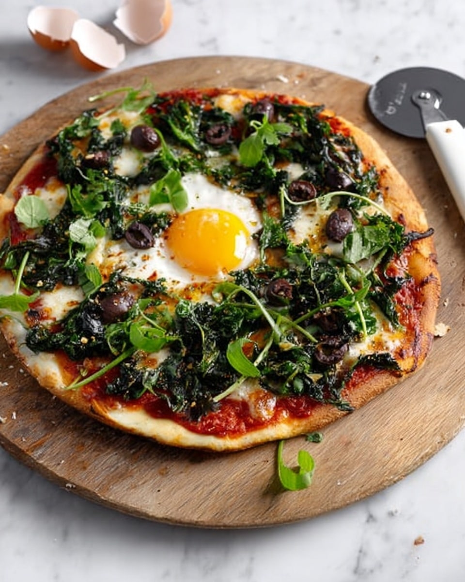 A round pizza with a crust that is golden brown and slightly thick. The first layer is bright red tomato sauce spread evenly on the pizza base. On top of this is melted cheese that is mostly covered by dark green leafy vegetables and some black olives. In the center, there is a cooked egg with a bright yellow yolk and white edges. Fresh green herbs and leaves are scattered over the whole pizza, adding a touch of freshness and color. The pizza is placed on a round wooden board on a white marbled surface. There is a white pizza cutter and broken eggshells nearby. Photo taken with an iphone --ar 4:5 --v 7