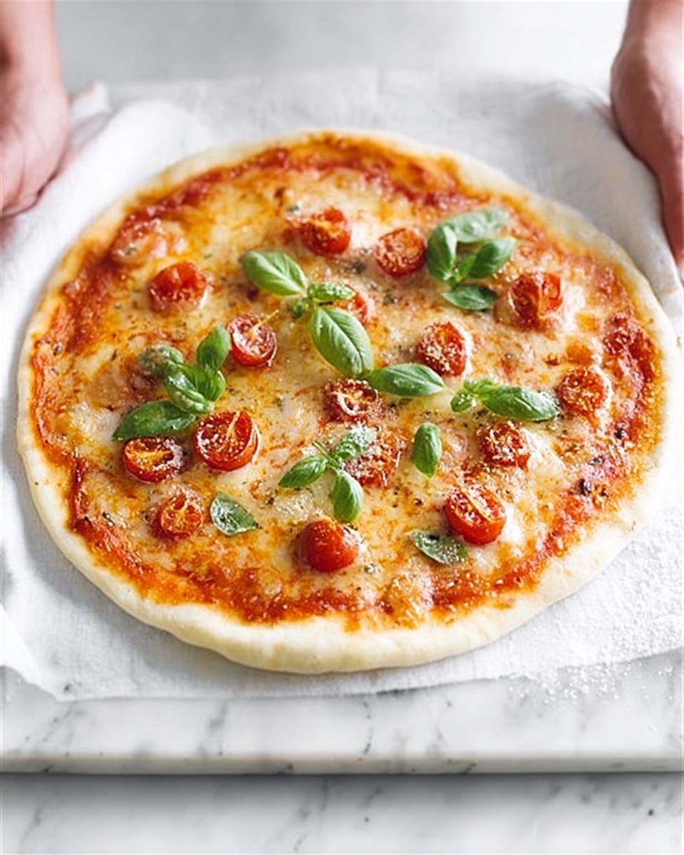 A thin pizza with one layer of golden-baked crust topped evenly with a bright red tomato sauce, melted light golden cheese spread across the surface, small halved cherry tomatoes scattered on top, and fresh green basil leaves placed over everything, all held above a white marbled surface by a woman's hands holding a white cloth at the edges. Photo taken with an iphone --ar 4:5 --v 7